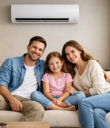 A happy family sitting on a sofa under a wall-mounted ductless mini-split air conditioner.
