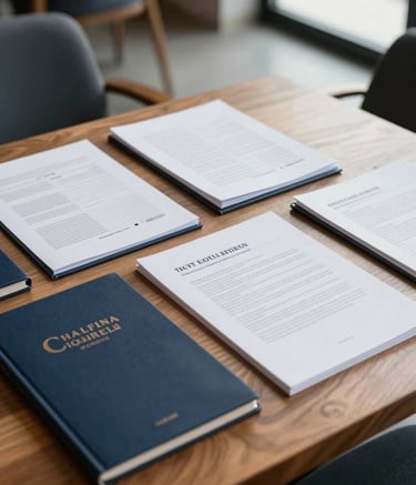Photography of a high-end South American business lounge. Soft natural lighting illuminates a wooden table where professional documents are neatly arranged. The mood is secure and authoritative, featuring a color palette of navy blue and soft white.