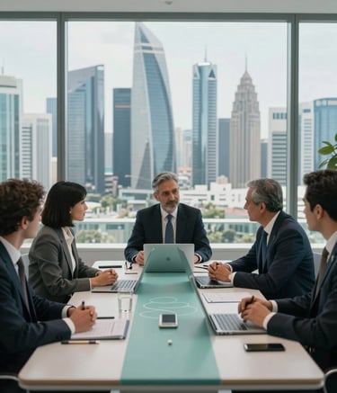 A professional business meeting occurring in a sleek, glass-walled office overlooking a modern Middle Eastern / Gulf skyline. Professionals are engaged in a strategic discussion around a table featuring soft teal and cloud grey design elements.