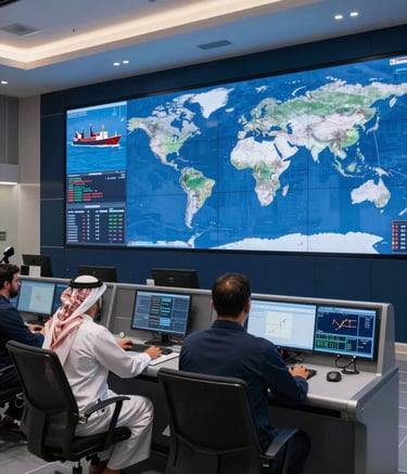 A high-tech control room in a modern Middle Eastern / Gulf city where professionals are monitoring global shipping routes on large wall-mounted screens. The lighting is clean and efficient with steel blue and deep navy accents in the modern furniture and hardware.
