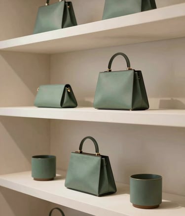 A minimalist, high-end lifestyle photograph of a curated boutique shelf with luxury items. The lighting is soft and natural, emphasizing textures. Colors include soft off-white surfaces and slate green accents.