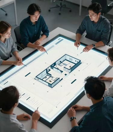 A high-angle shot of a digital engineering team working around a large glowing touch-screen table showing architectural software schematics. The composition is clean and modern, with a color palette of deep teal (#1A2E35) and off-white (#EDF2F4). The lighting is sharp and cinematic, highlighting innovation and strategic expertise.