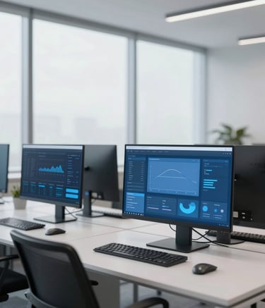 A wide shot of a clean, minimalist high-tech office workspace with large windows. The monitors display sophisticated data visualizations in shades of slate blue (#2C5364) and muted blue (#71A2B6). The lighting is bright and modern, emphasizing a professional and forward-thinking atmosphere.