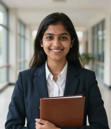 A close-up photograph of a smiling South Asian female student in her early twenties, dressed in professional smart-casual attire, holding a leather folder. The background is a brightly lit, blurred university hallway with large glass windows, conveying a sense of academic achievement and global aspiration.