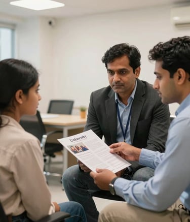 A professional setting in a modern South Asian office where a counselor is showing a university brochure to a student and their father. The atmosphere is supportive and serious, with warm indoor lighting and clean white walls.