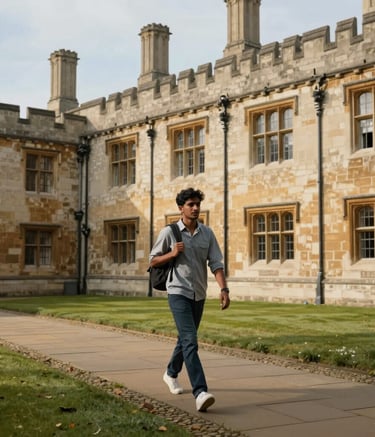 A wide-angle photography shot of a South Asian male student walking through a historic stone-walled university courtyard in the UK. He is carrying a backpack, and the scene is illuminated by soft, natural afternoon sunlight, highlighting the blend of tradition and global opportunity.