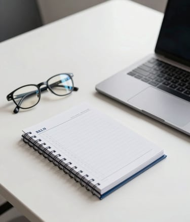 A wide angle shot of a clean, minimalist professional desk in Maryland. A pair of glasses and a structured planner sit next to a laptop. The lighting is bright and efficient, using a palette of steel blue and off-white to convey absolute professionalism.