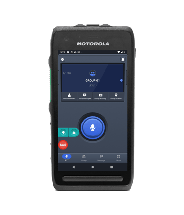Motorola LEXL11 showing the initial screen of our MCPTT/PoC system Displaying User, Current Group, 