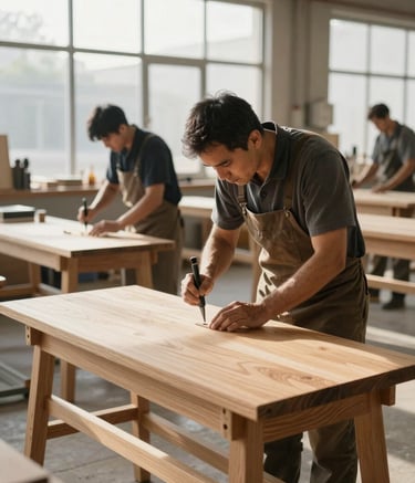 High-end furniture manufacturing facility in North American / US, showing skilled artisans using precision tools on light oak wood. The setting is bright with natural sunlight from large windows, conveying a clean, professional, and sophisticated workspace.