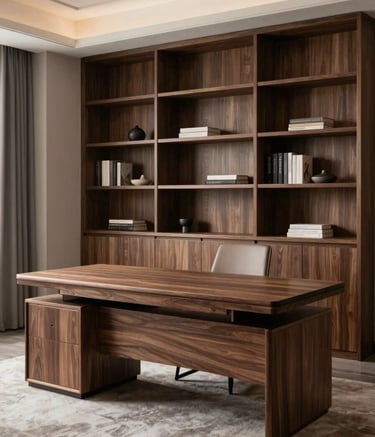 A sophisticated interior of a modern North American / US home office, featuring a bespoke walnut desk and custom shelving. The lighting is soft and inviting, highlighting the elegant grain of the wood and the clean architectural lines.