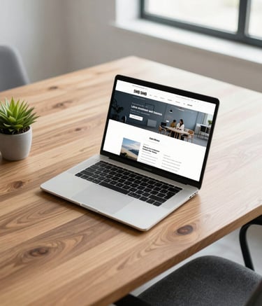 A high-angle professional photograph of a clean, bright coworking office in the Latin American and Spanish SMB market. A modern laptop on a wooden desk displays a minimalist website layout. The surrounding space has rich slate and light gray color tones, with a small green plant and soft natural light from a window creating a highly trustworthy feel.
