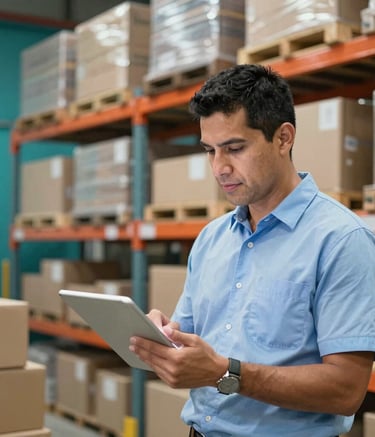 A crisp, well-lit photograph showing a modern warehouse manager in a Latin American and Spanish SMB market setting, checking inventory on a tablet. The background features organized steel racks with neatly arranged boxes. Clean lighting, highlighting teal and light blue accents in the warehouse details. Natural, professional atmosphere focusing on efficiency.