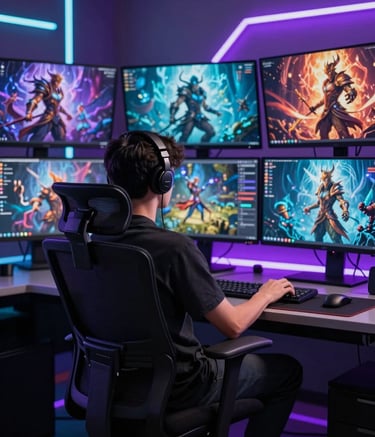 A professional North American / US game developer sitting in an ergonomic chair at a futuristic workstation, back turned to camera, facing a wall of screens showing vibrant fantasy character art, room filled with dim purple and cyan neon accents.