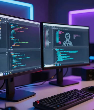 A close-up of a high-tech digital workspace in a modern North American / US studio, featuring sleek monitors displaying lines of code and character wireframes with neon cyan and electric purple ambient lighting, professional photography, shallow depth of field.