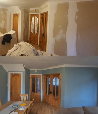 Before and after comparison of a living room renovation featuring fresh blue paint and plastered walls.