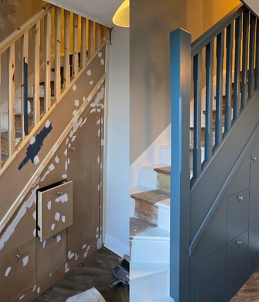 Before and after comparison of custom under stairs storage drawers and a painted staircase renovation.
