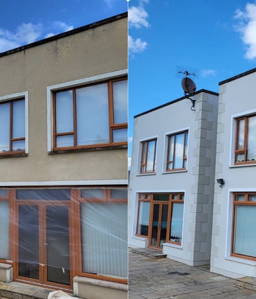 Before and after professional exterior house painting showing a refreshed white facade with clean trim.