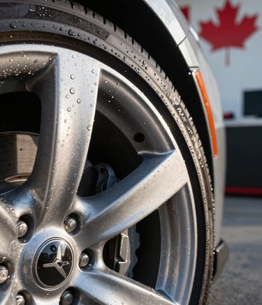 Macro photography of a sparkling clean car rim and tire, with water droplets on the surface reflecting the sunlight. Professional Canadian detailing environment in the background.