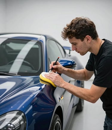 A professional automotive detailer in a clean, modern North American garage carefully polishing a deep blue sports car. The lighting is bright and crisp, highlighting the mirror-like finish on the car body.