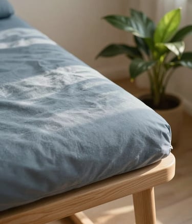 A detailed close-up of a serene therapeutic environment. A soft blue-grey cushion rests on a minimalist wooden chair next to a small green plant. The lighting is warm and natural, casting soft shadows, conveying professional expertise and tranquility.