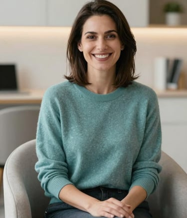 A professional therapist in a soft teal sweater, sitting in a modern, clean office. She is smiling warmly towards the camera, hands resting calmly. The background is blurred with hints of soft off-white furniture and warm lighting.