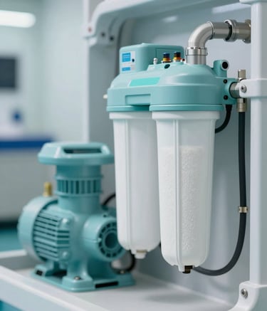 Close-up of high-quality pool technical equipment, including a pool pump and sand filter system, installed in a clean, modern mechanical room. The lighting is bright and professional, highlighting the reliability of the machinery. Minimalist aesthetic with subtle accents of #2D728F blue and #A2D9D9 highlights, conveying technical expertise.