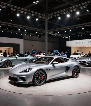 A wide-angle photography shot of a prestigious luxury car auction hall, a silver high-performance coupe center stage under bright spotlights, an atmosphere of exclusivity, North American / European Luxury Automotive Market.