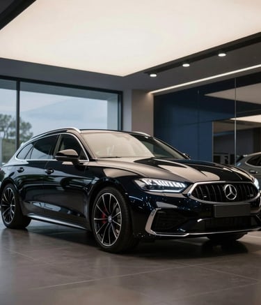 A low-angle photography shot of a black high-performance German grand tourer parked in a minimalist modern showroom with glass walls, soft overhead studio lighting, reflecting deep navy tones, North American / European Luxury Automotive Market.