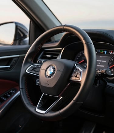 A detailed close-up of a luxury car interior, focusing on the hand-stitched leather steering wheel and carbon fiber dashboard accents, illuminated by soft morning light in the North American / European Luxury Automotive Market.