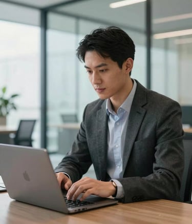 A professional person working on a sleek laptop in a bright, modern glass-walled office in the North American / US region, emphasizing a trustworthy and efficient tech-focused atmosphere.