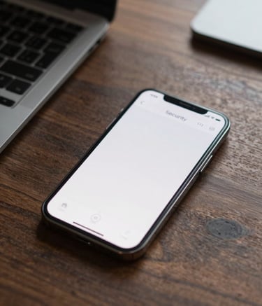 A high-angle photograph of a modern smartphone resting on a dark wood desk in a sunlit North American / US home office, displaying a clean and minimalist mobile application interface with a focus on simplicity and security.