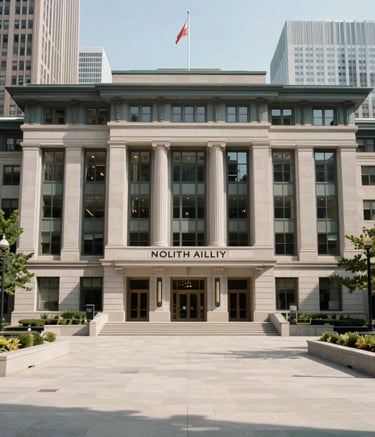 Photography of a modern North American city hall plaza on a bright day. The architecture is clean and professional. The scene reflects a trustworthy public sector environment where strategic community outreach happens.
