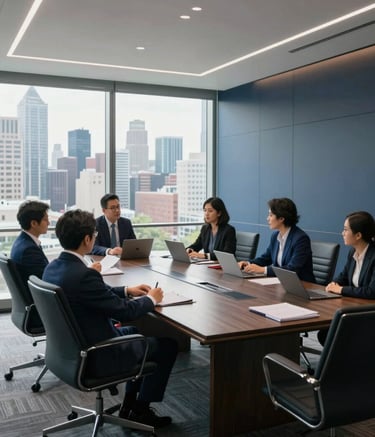 A wide-shot photograph of a collaborative strategy meeting in a sleek, modern North American boardroom. Professional team members are discussing media tactics near a large window overlooking a city skyline. The room features a clean design with dark navy and slate blue furniture.