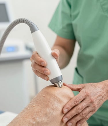 Close-up of a modern laser therapy device being used gently on an elderly patient's knee. The scene is bright and professional, showing the expert hands of a therapist. Soft lighting highlights the calm atmosphere. Color palette includes soft greens (#4A7C73) and clean whites (#F4F9F8).