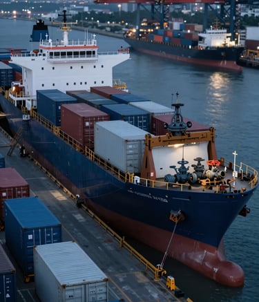 A high-angle, wide shot of an industrial shipyard at dusk. Massive shipping containers and large-scale valve crates are being loaded. The lighting is professional and moody, using deep shadows (#1A202C) and metallic blue highlights (#3C5F7F), emphasizing global reliability and logistics.