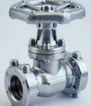 A close-up, detailed macro photograph of a stainless steel industrial valve. The focus is on the precision of the bolts and the smooth finish of the metal. Studio lighting highlights the engineering quality using tones of #8FA6BC and #E0E5ED, conveying a sense of established authority.