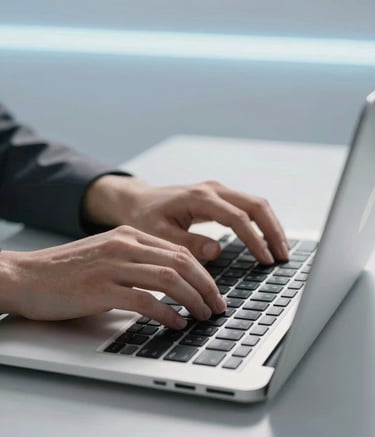 A close-up shot of hands typing on a modern laptop keyboard in a bright European / French studio. The environment is clean and professional with sky blue ambient lighting and pale mist gray textures on the desk. High-quality corporate photography style.