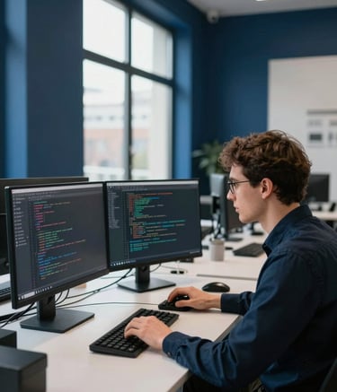 A professional developer working in a sleek modern European / French office. The room features deep midnight blue accents and large windows. The person is focused on coding at a workstation with multiple monitors, reflecting a clean and innovative atmosphere.