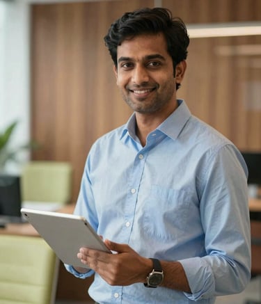 A professional financial advisor in a modern South Asian / Indian office, holding a digital tablet and smiling confidently. The office background is blurred with hints of pale green furniture and high-end wooden finishes.
