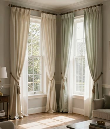 A professional interior photograph of a light-filled North American living room. Large windows are dressed in layered cream curtains and soft sage sheer drapes. The mood is elegant and bespoke, with warm sunlight hitting the refined fabrics. The composition is wide, showcasing a well-appointed home interior.