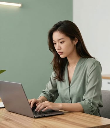A modern, bright office space showing a professional consultant working on a laptop at a wooden desk. The background features a sage green wall and pearl white accents, creating a calm and efficient business environment.