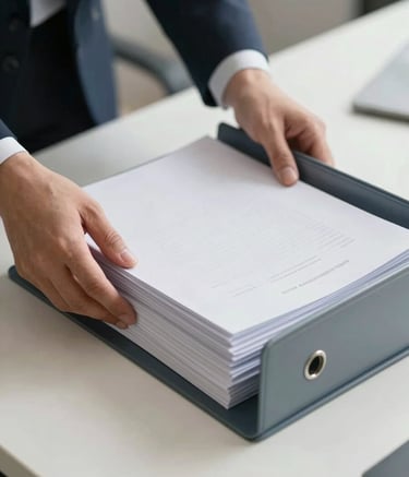A close-up photograph of a professional's hands neatly organizing a stack of files in a steel blue-grey folder on a clean, bright off-white desk. The lighting is crisp and modern, with a professional and organized atmosphere.