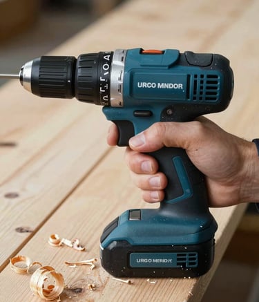 A detailed close-up photograph of a professional's hand holding a modern power drill against a light-colored wooden plank. The composition is tight, showing fresh wood shavings. The lighting is clear and focused. The drill is a deep charcoal color with light silver blue accents, matching the brand's trustworthy and modern aesthetic.
