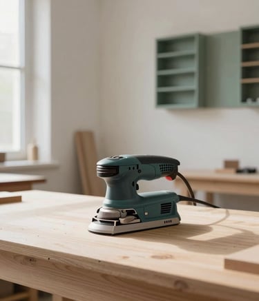 Photography of a minimalist wood workshop. In the center, a high-quality electric sander sits on a workbench made of pale wood. The lighting is bright and natural, coming from a side window. The color palette features soft off-white walls and slate green tool organizers in the background.