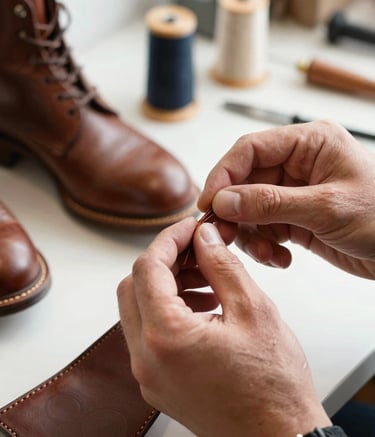 Detailed photography of a craftsman's hands repairing a high-quality leather boot. Close-up on the meticulous stitching and craftsmanship. The setting is a bright, clean Northern European workshop with professional lighting.