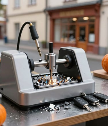 A sharp, clean photograph of a modern key-cutting machine at work in a Swedish shop, with metallic shavings reflecting light. Beside it, a set of programmed modern car keys. Traditional storefront style in the background. Colors: silver, wet asphalt, pumpkin orange accents.