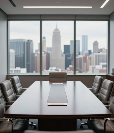 A sophisticated North American corporate boardroom overlooking a city skyline. The interior features a polished dark table, light grey accents, and professional leather seating, captured with a shallow depth of field for an authoritative look.
