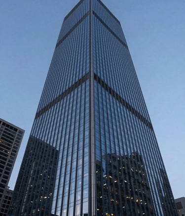 A low-angle shot of a towering modern glass skyscraper in a North American business district. The sky is a clear dusk blue, reflecting off the building's surface. Professional, corporate atmosphere with sharp architectural lines and clean reflections.