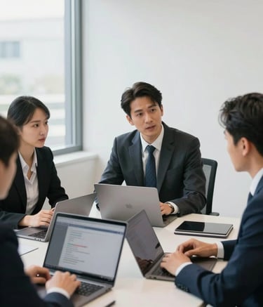 A candid shot of a business meeting taking place in a bright, modern North American office. Professionals are engaged in discussion around a table with laptops open, representing collaboration and polished simplicity.
