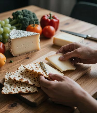High-contrast lifestyle food photography of a rustic wood table in a Scandinavian restaurant. Hands sharing flatbreads and artisanal cheese, styled elegantly with clean lines and moody, soft shadow lighting. Fresh organic produce scattered naturally in the background.